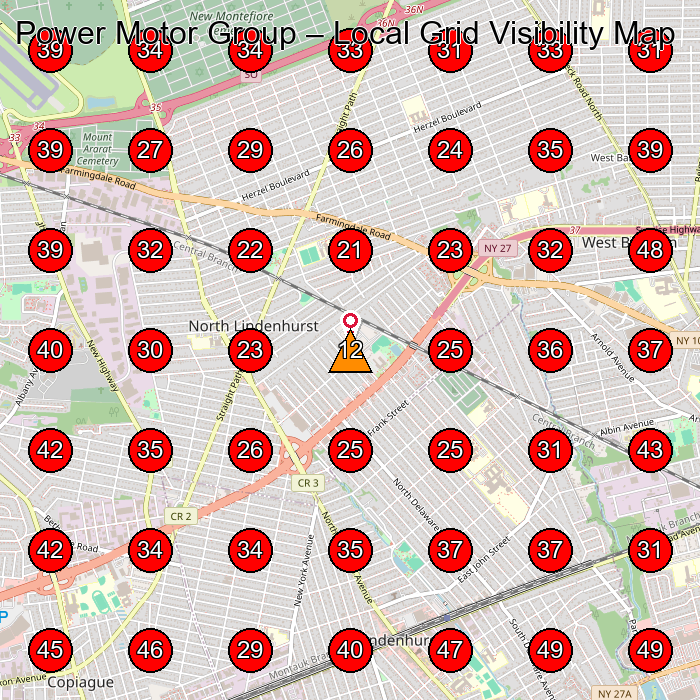 Power Motor Group GeoGrid visibility map for Used Car Dealer in West Babylon